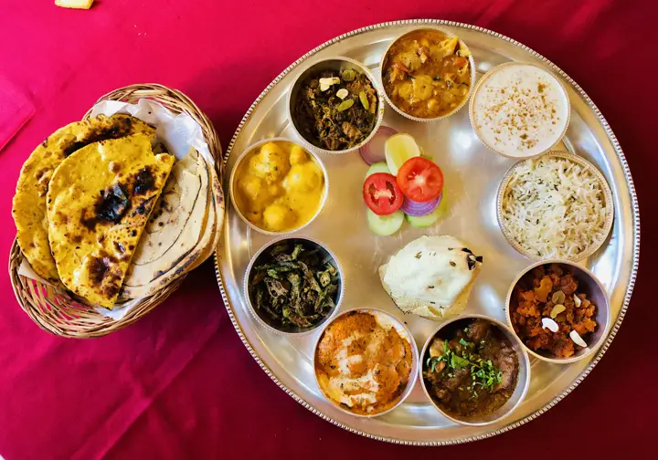 A full thali on a steel tray
